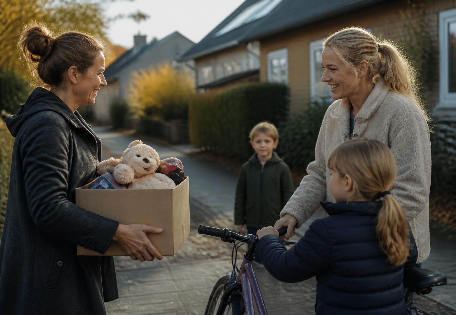 Naboer giver en kasse legetøj og en børnecykel videre til hinanden
